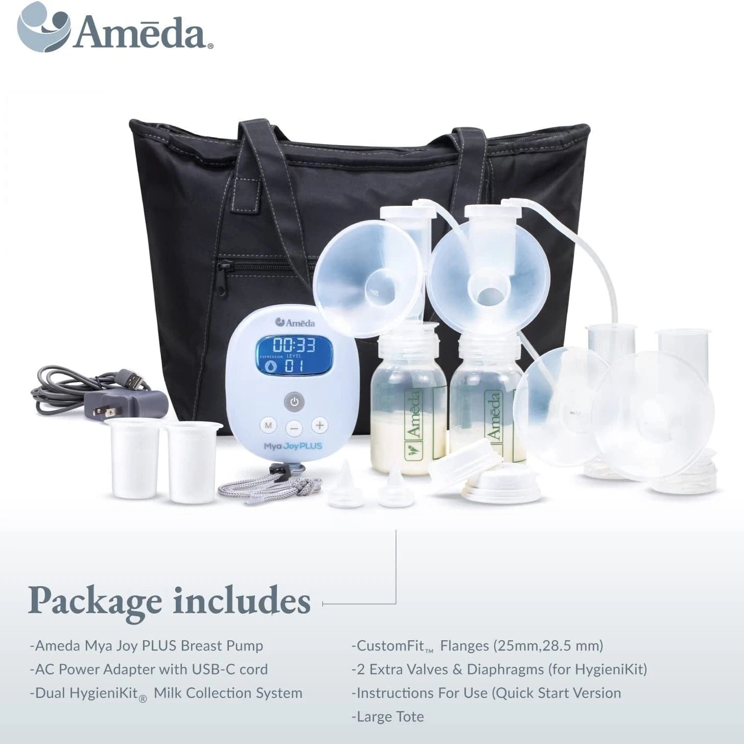 Ameda MYA Joy Plus Double Electric Rechargeable Breast Pump with Tote